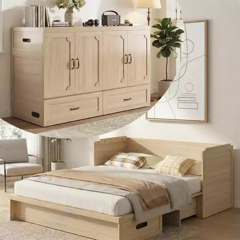 Mjkone Queen Size Wandelbares Murphy-Schrankbett mit USB-Ladefunktion, Schubladen, keine Matratze enthalten