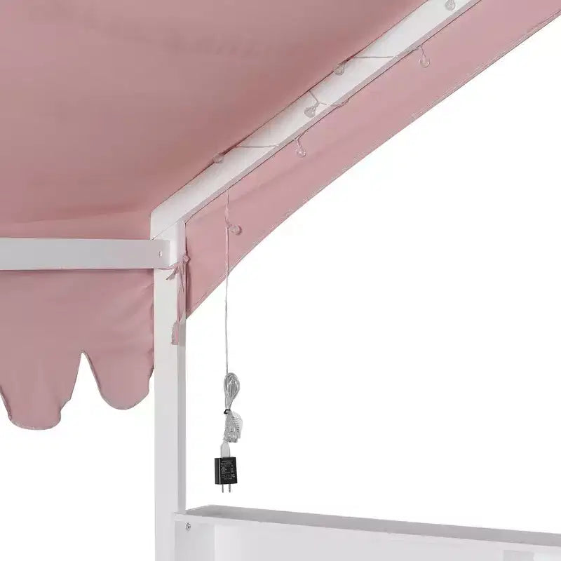 Whisen Vollholz-Bettgestell, Hausbett mit Zaun, 3 Aufbewahrungsregale, Vorhang
