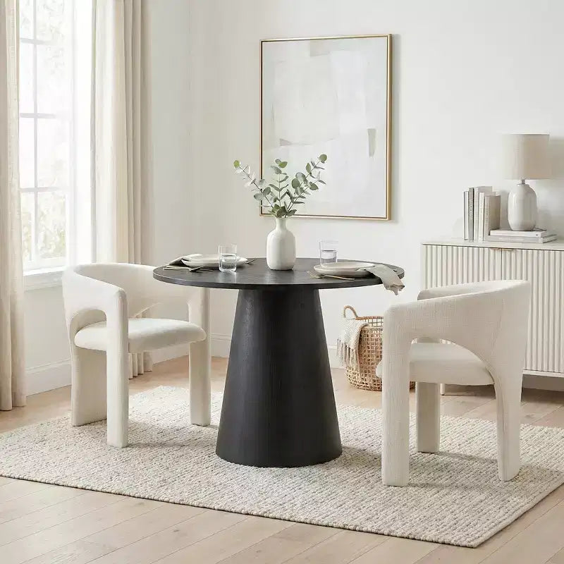 Kleines Essgruppe für 2 Personen, beige gepolsterte Stühle, runder Esstisch mit Säulenfuß, kompakte moderne Küchenmöbel-Panipeachy
