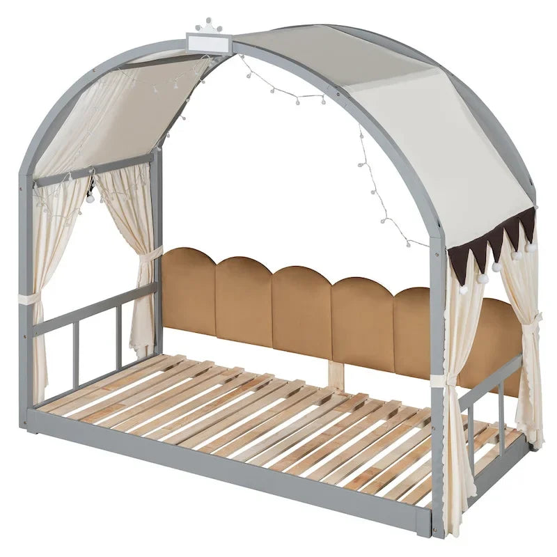 Massivholz-Spielhaus-Plattformbett, Montessori-Bettrahmen mit gewölbtem Dach und Ausziehbett für Mädchen und Jungen