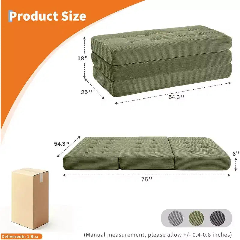 SunnyFurn 6 Zoll Dreifach-Klappmatratze Schlafsofa, 75x54,3 Schaumstoff-Gästebett mit getuftetem Cordbezug, tragbar für Camping, Wohnzimmer, Schlafzimmer