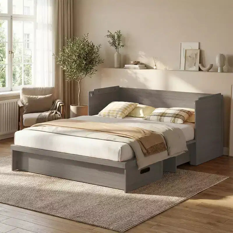 Mjkone Queen-Size-Schrankbett mit Matratze, USB-Ladeanschluss und Aufbewahrungsschubladen