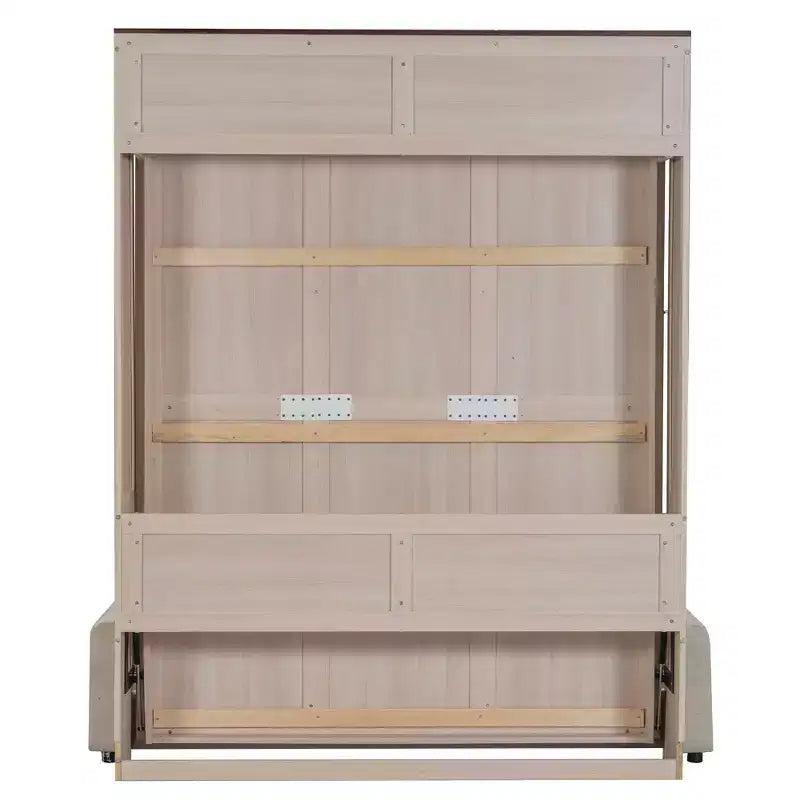 Murphy-Bett in Queen-Size mit Sofa, Queen-Schrankbett aus Holz mit LED-Beleuchtung, klappbares Truhenbett für Gästezimmer, Beige
