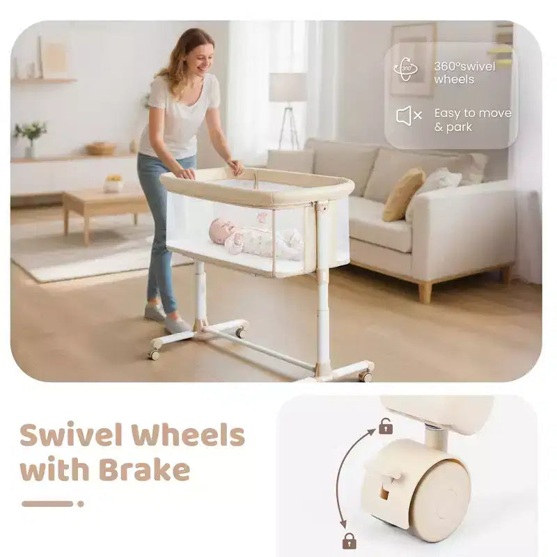 Baby-Beistellbett mit Rollen – Beige / Grau / Rosa, Bettschläfer, für 1 Baby