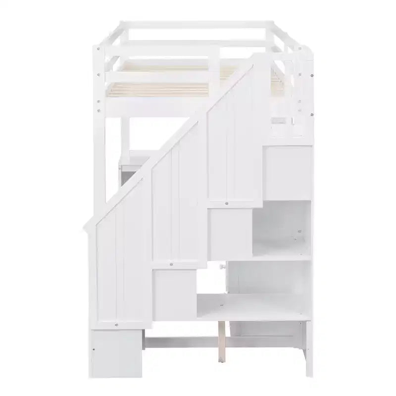 Hochbett in Twin-Größe mit L-förmigem Schreibtisch, 3 Schubladen, Schrank, Treppenstauraum, aus massivem Kiefernholz/MDF gefertigt
