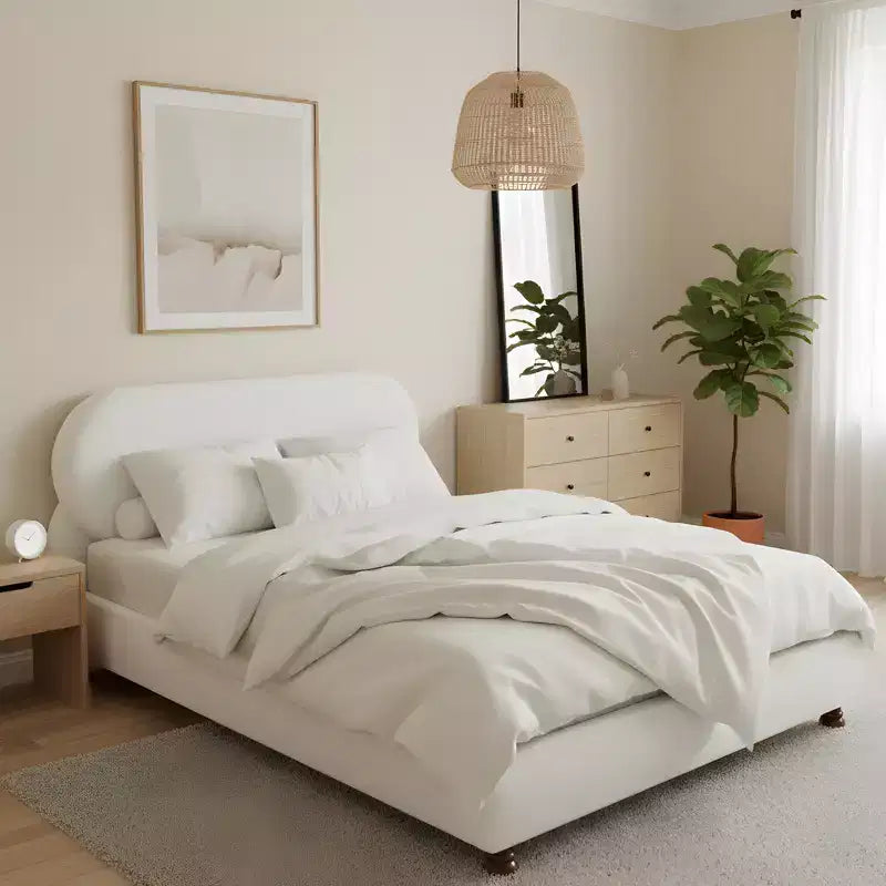 Christopher Knight Home Matteo Modernes Bett aus Gummibaumholz mit Bouclé-Bezug