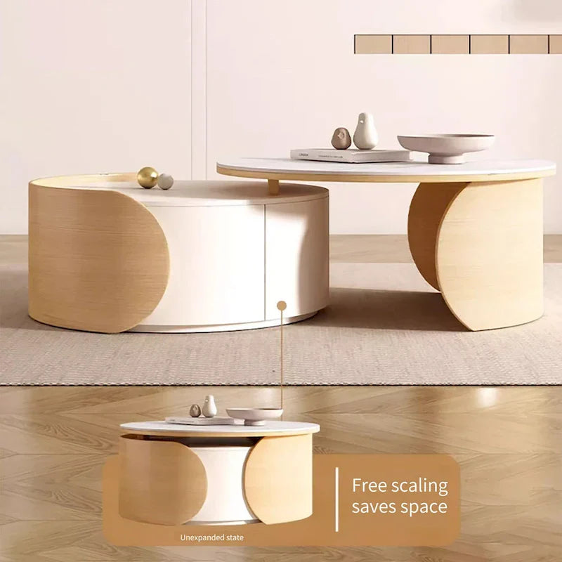 Moderner runder Couchtisch, Stein-Tischplatte, Naturholz - 50 x 31.5