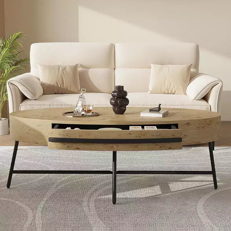 Acekool Ovaler Couchtisch mit Schublade, 120 cm Holz-Ablagetisch mit gekreuzten Metallbeinen, Mid-Century Modern Beistelltisch in Natur & Golden Willow