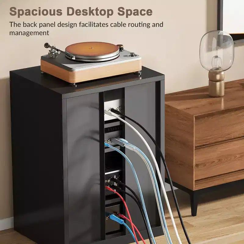 Bekrvio Metall-Mediaschrank, 4-stöckiger Stereoschrank mit Glastüren und verstellbaren Einlegeböden, Audio-AV-Rack mit Kabelmanagement