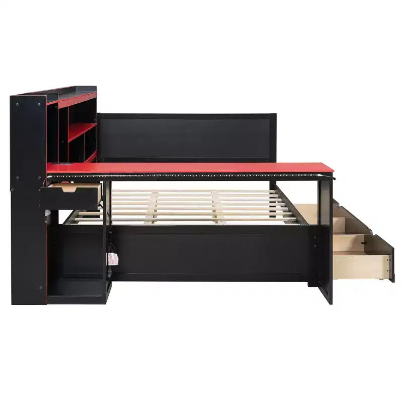 Gaming-Tagesbett (Queen-Size/Full-Size) mit Kopfteilregal, LED-Beleuchtung, integriertem Schreibtisch, Schubladen und Ladestation