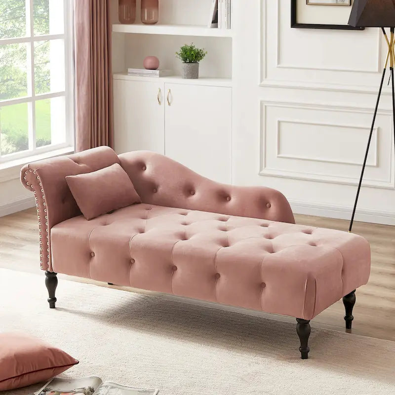 Moderne 60.6 Samt gepolsterte Knöpfe getuftete Chaiselongue mit Massivholzbeinen und Ziernägeln