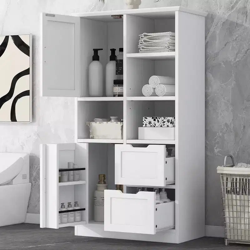 62 Zoll hoher Badezimmerschrank, freistehender Hochschrank mit Schublade & verstellbarem Regal, Vorratsschrank für Bad und Wohnzimmer