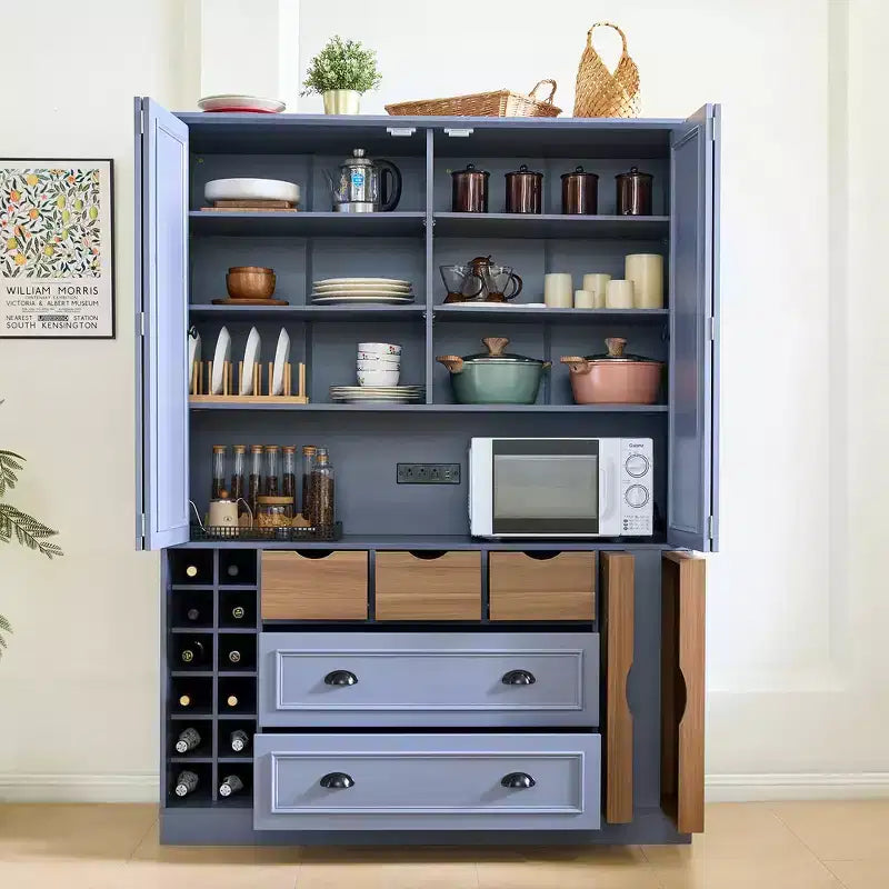 Whisen 180 cm hohe freistehende Küchenpantry, großer Esszimmer-Vorrratsschrank, Anrichte mit 4 faltbaren Türen, Einlegeböden, Weinregalen