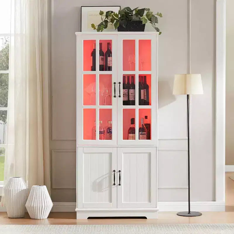 AMERLIFE 71" großer Aufbewahrungsschrank mit LED-Beleuchtung, großes Bücherregal mit Acrylglastüren