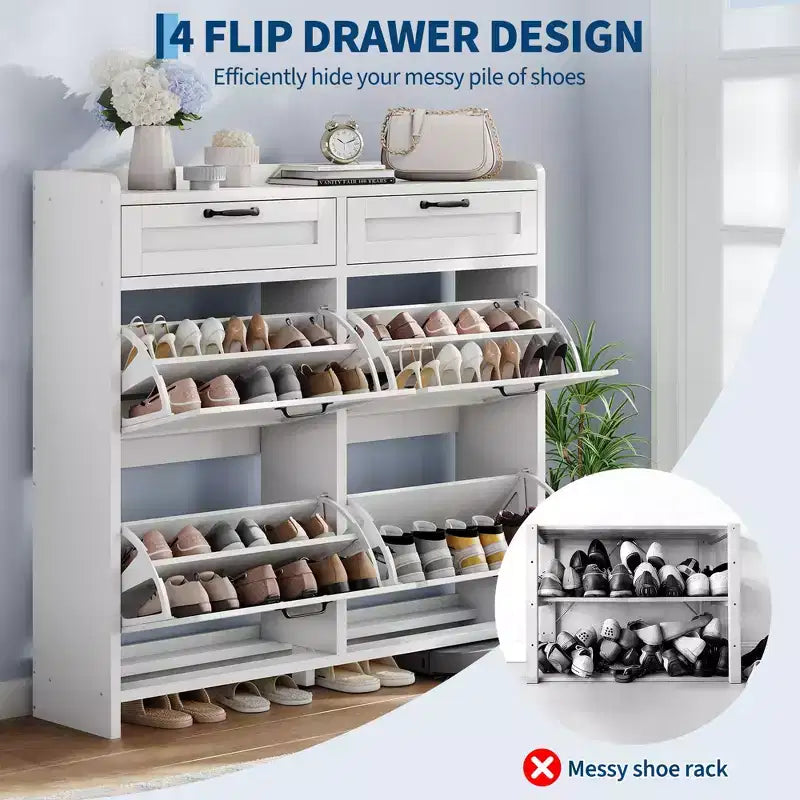 Schuhschrank mit 4 Klappfächern und 2 oberen Schubladen, Schuh-Organizer-Schrank aus Holz mit verstellbarem Regal, freistehende Schuhaufbewahrungsschränke