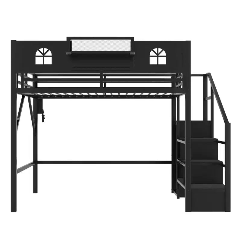 ModernLuxe Hochbett für Full/Queen-Betten mit Treppe und integriertem Kleiderschrank, Metallbettgestell mit LED-Beleuchtung, USB-Ladestation und Ablagefächern