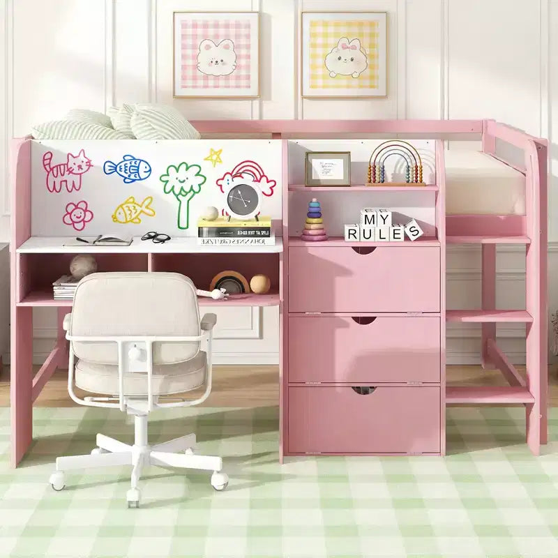 Niedriges Hochbett in Pink/Weiß mit Schreibtisch, Stauraum & Whiteboard – Einzelbett, 1 Person