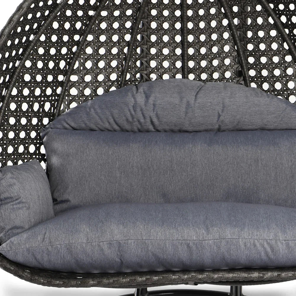 LeisureMod 2-Personen Hängesessel Ei mit Gestell - Outdoor/Indoor Rattan Korb Terrassen Schaukel Hängematte Liege mit Kissen
