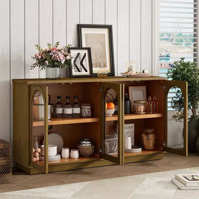 Großes 4-türiges Sideboard mit Glastüren, gewölbtes Sideboard mit verstellbaren Einlegeböden für die Küche