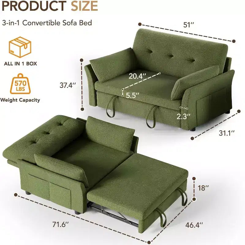 Dyonery 3-in-1 Schlafsofa, ausziehbares Schlafsofa mit Seitentasche und verstellbarer Rückenlehne, werkzeuglose Montage, faltbares Liebessofa