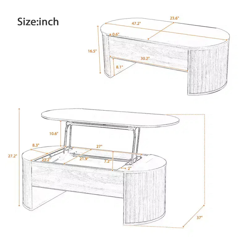 47.2 Couchtisch mit Hebeplatte und verstecktem Fach, oval, braun