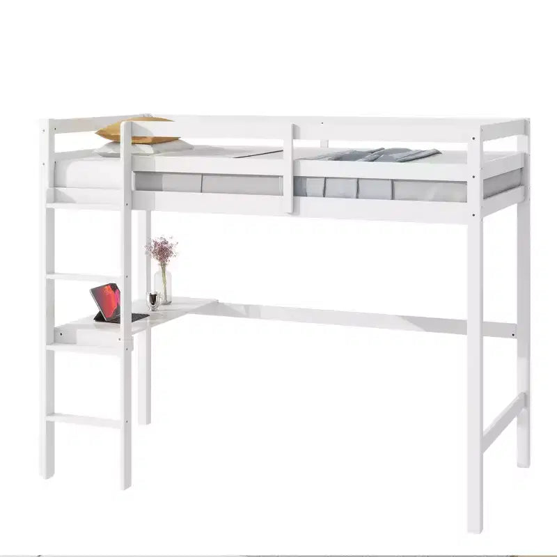 Okak Minimalism Hochbett mit Leiter, Hochbett aus Kautschukholz mit Sicherheitsgeländer und integriertem Schreibtisch, Bettrahmen für Kinder, Jugendliche