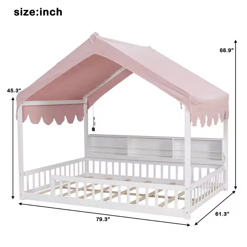 Whisen Vollholz-Bettgestell, Hausbett mit Zaun, 3 Aufbewahrungsregale, Vorhang