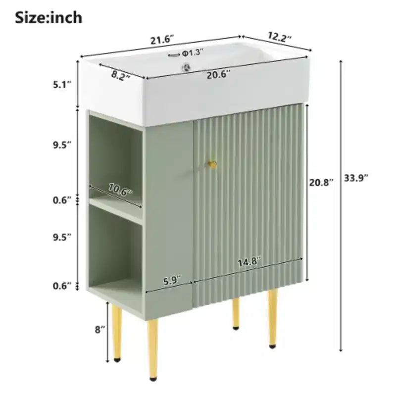 21.6 weißer Badezimmer-Waschtisch, Kombi-Schrank, Badezimmerschrank, Einzelkeramikwaschbecken, Stauraum auf der linken Seite