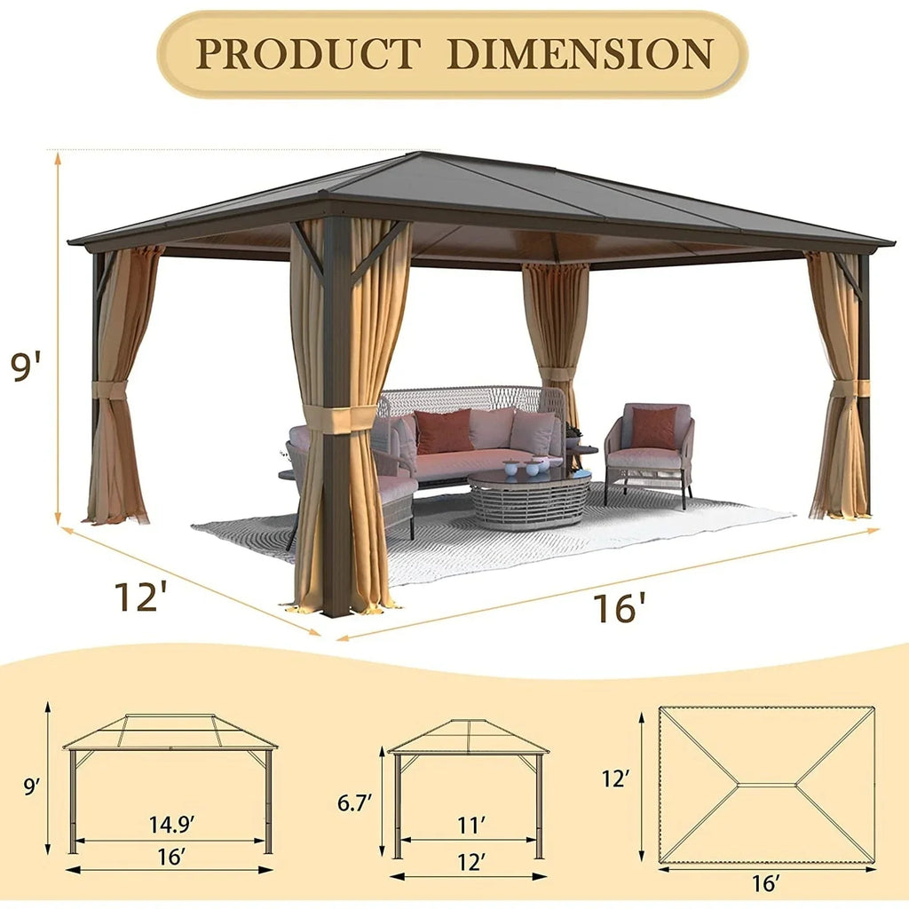 EROMMY Hardtop-Pavillon, Outdoor-Pergola mit Doppeldach & Netzen & Vorhängen, Hochleistungs-Canopy für Terrasse, Garten, Poolparty