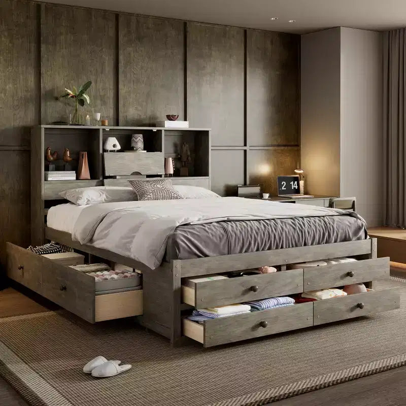 Doppelbett mit Ablagefach und 8 Schubladen, einfache Montage