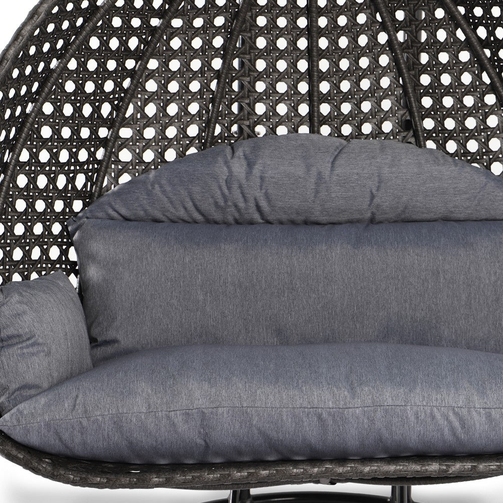 LeisureMod 2-Personen Hängesessel Ei mit Gestell - Outdoor/Indoor Rattan Korb Terrassen Schaukel Hängematte Liege mit Kissen
