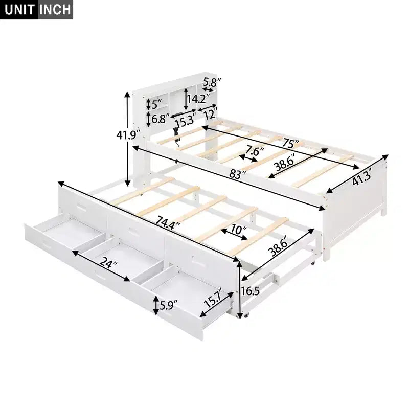 Plattformbett mit Rollbett und Schubladen, Stauraumbett mit USB-Anschluss, Holzbett mit Bücherregal