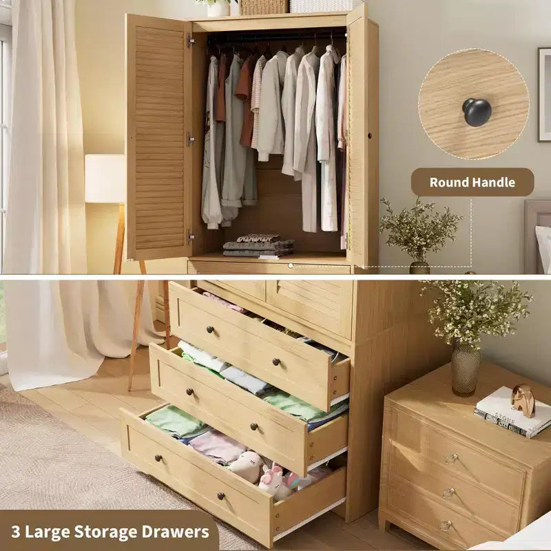 COZONY Kleiderschrank mit 3 Schubladen und 2 Türen, moderner Holzschrank für Schlafzimmer, robuster weißer Stehschrank