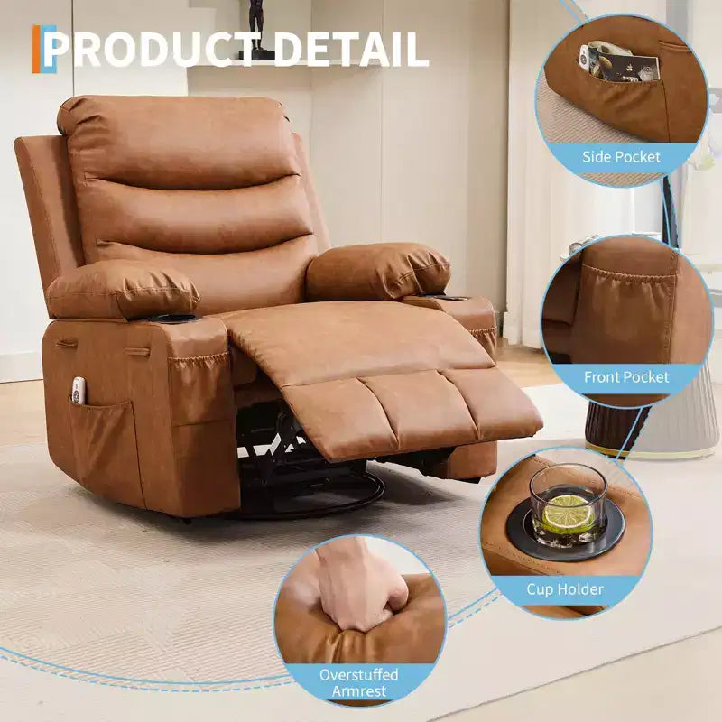 Übergroßer 360°-Dreh- und Schaukelsessel mit Massage und Heizung – Ergonomischer Loungesessel mit Getränkehaltern, Seitentaschen für Wohnzimmer, Kinderzimmer