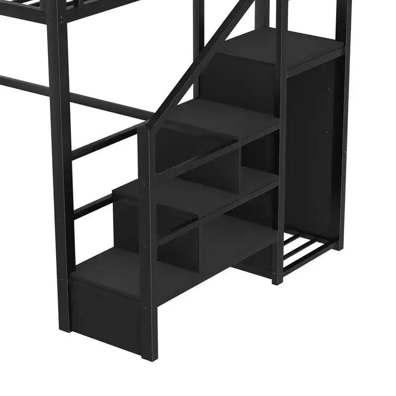 ModernLuxe Hochbett für Full/Queen-Betten mit Treppe und integriertem Kleiderschrank, Metallbettgestell mit LED-Beleuchtung, USB-Ladestation und Ablagefächern