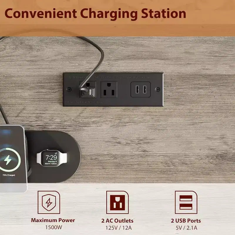 60 Executive Schreibtisch mit Schubladen, Home Office Schreibtisch mit Ladestation, Computer-Schreibtisch aus Holz für Arbeitszimmer, Konferenztisch für Wohnzimmer