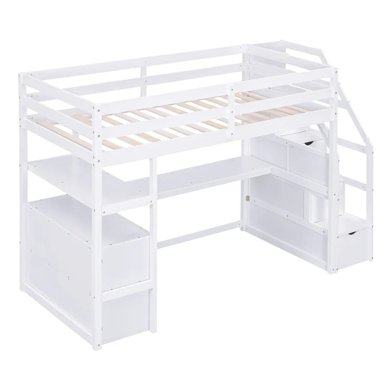 Etagenbett in Zwillingsgröße mit Schreibtisch und Regalen, zwei integrierten Schubladen, Treppe mit Stauraum