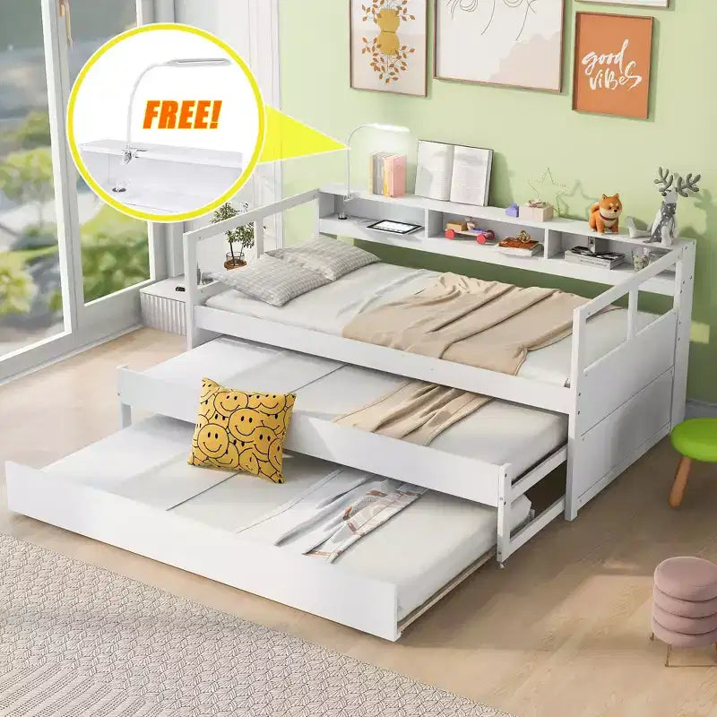 Whisen Twin XL Tagesbett aus Holz mit 2 Ausziehbetten, 3 Staufächern, 1 kostenloser Leuchte und USB-Ladefunktion