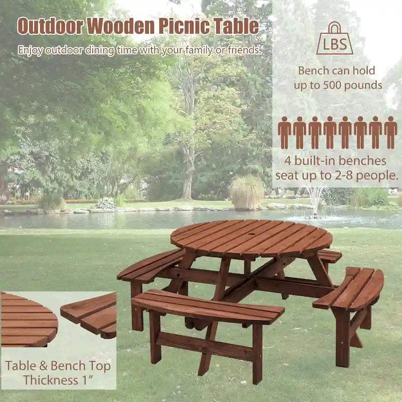 8-Personen Outdoor-Picknick-Esstisch-Garnitur aus Tannenholz, rund, mit 4 integrierten Bänken und Sonnenschirmloch