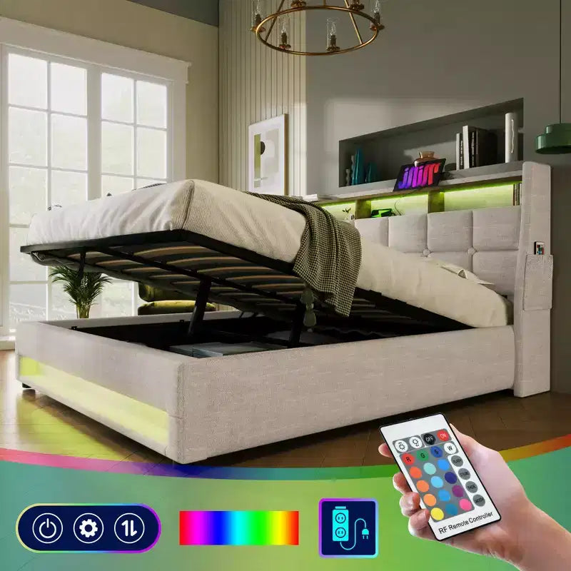 Queensize-Bett mit hydraulischem Stauraum, LED, USB, gepolstertem Kopfteil, kein Boxspringbett, einfache Montage