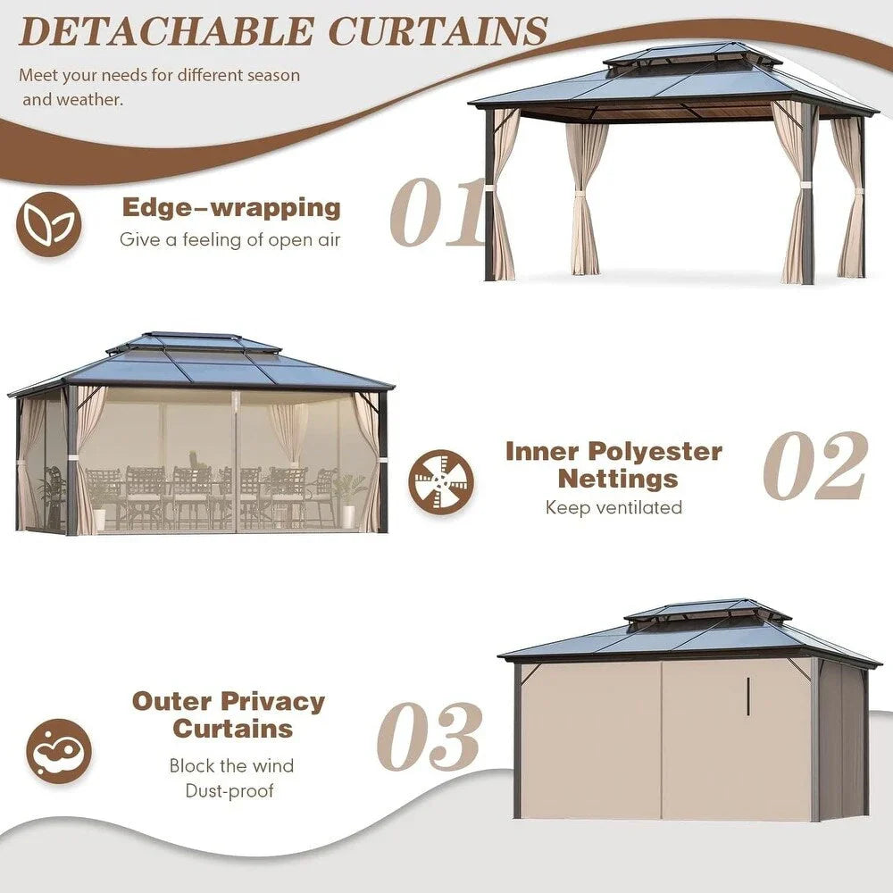 EROMMY Hardtop-Pavillon, Outdoor-Pergola mit Doppeldach & Netzen & Vorhängen, Hochleistungs-Canopy für Terrasse, Garten, Poolparty