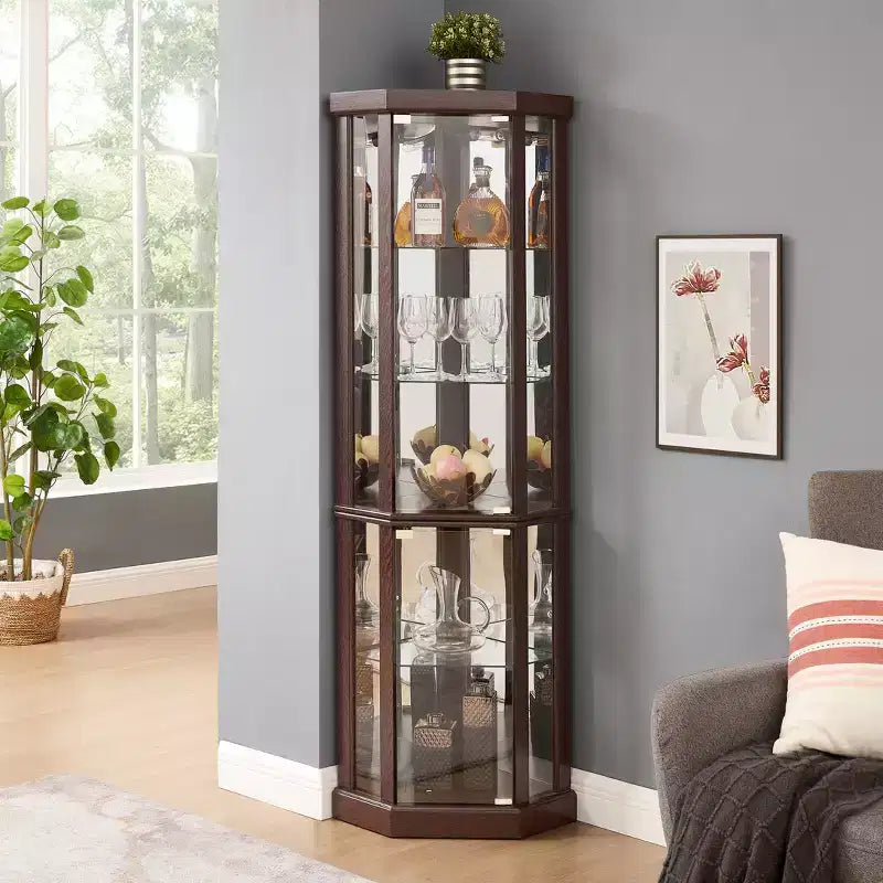 Eck-Vitrine mit Glastüren und Regalen, Eck-Schaukasten für das Wohnzimmer