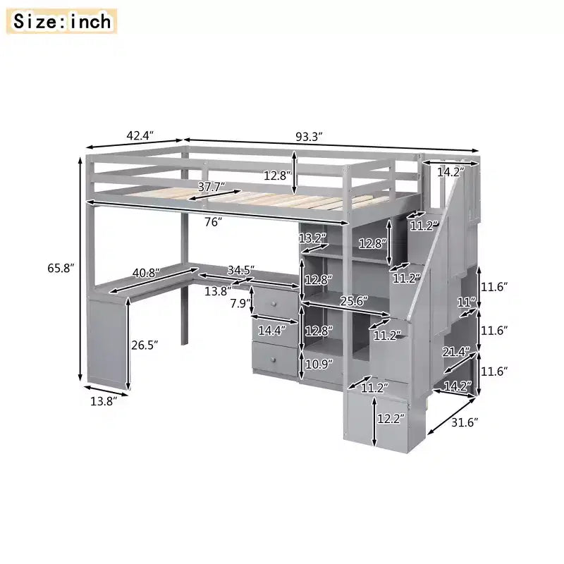Hochbett in Twin-Größe mit L-förmigem Schreibtisch, 3 Schubladen, Schrank, Treppenstauraum, aus massivem Kiefernholz/MDF gefertigt