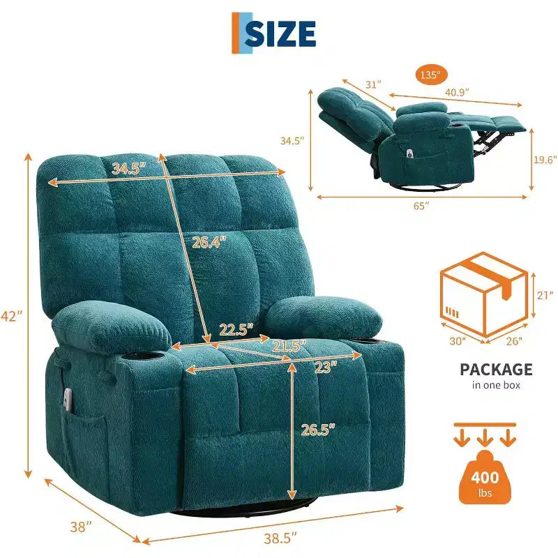 Übergroßer Relaxsessel für Erwachsene, Manueller Dreh-Schaukelsofa, Seitentaschen & Getränkehalter für Große und Schwergewichtige, Wohnzimmer