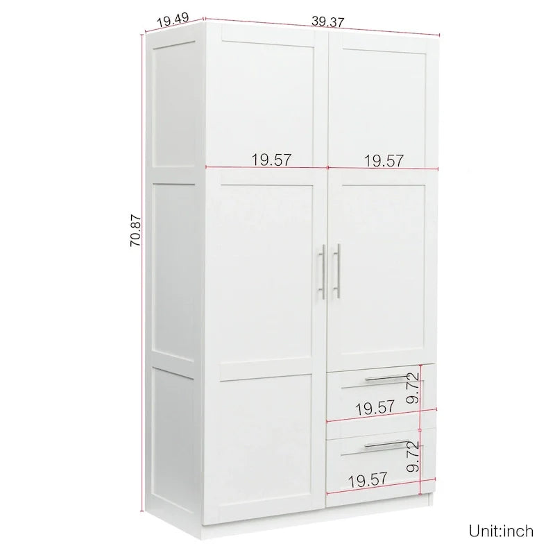 Weißer Kleiderschrank mit Türen, Schubladen und Kleiderstange