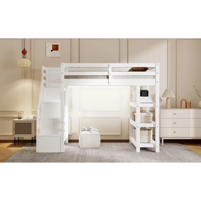 Hochbett mit Stauraumtreppe (Einzel-/Doppelbett) – Regale, Kleiderschrank & LED-Beleuchtung, platzsparendes Design