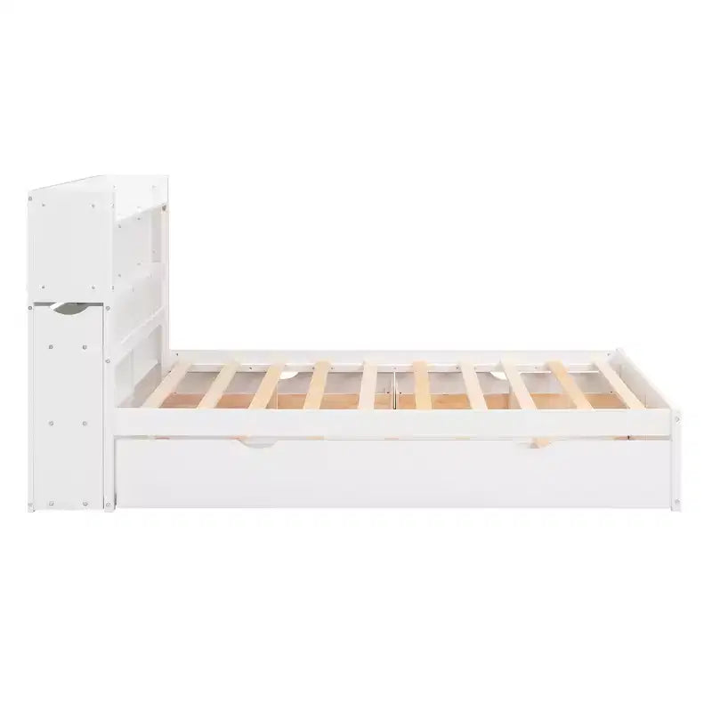 Plattformbett in voller Größe mit Stauraum, Ausziehbett, Kopfteil mit Bücherregal und Ladestation, Bettgestell aus Holz in voller Größe mit Regalen und Schubladen