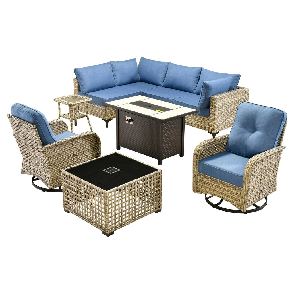 OVIOS 9-teiliges Gartenmöbel-Set aus Korbsessel und Feuertisch