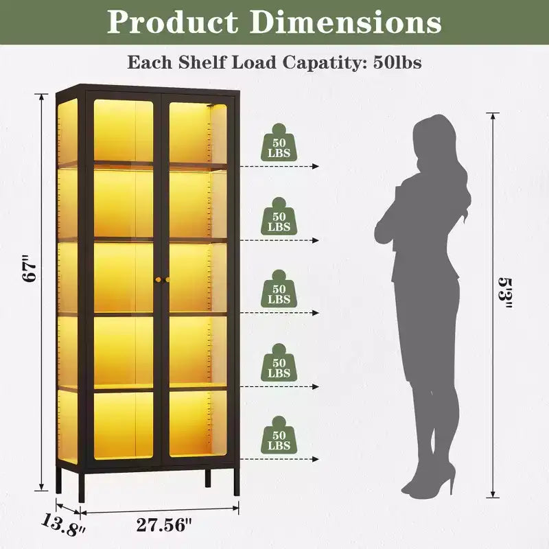 Bekrvio 67H Vitrine mit 3-seitigem Glas und LED-Beleuchtung, 5-Lagen-Aufbewahrung mit Doppeltüren und Metallrahmen für Sammlerstücke, ideal für kleine Räume