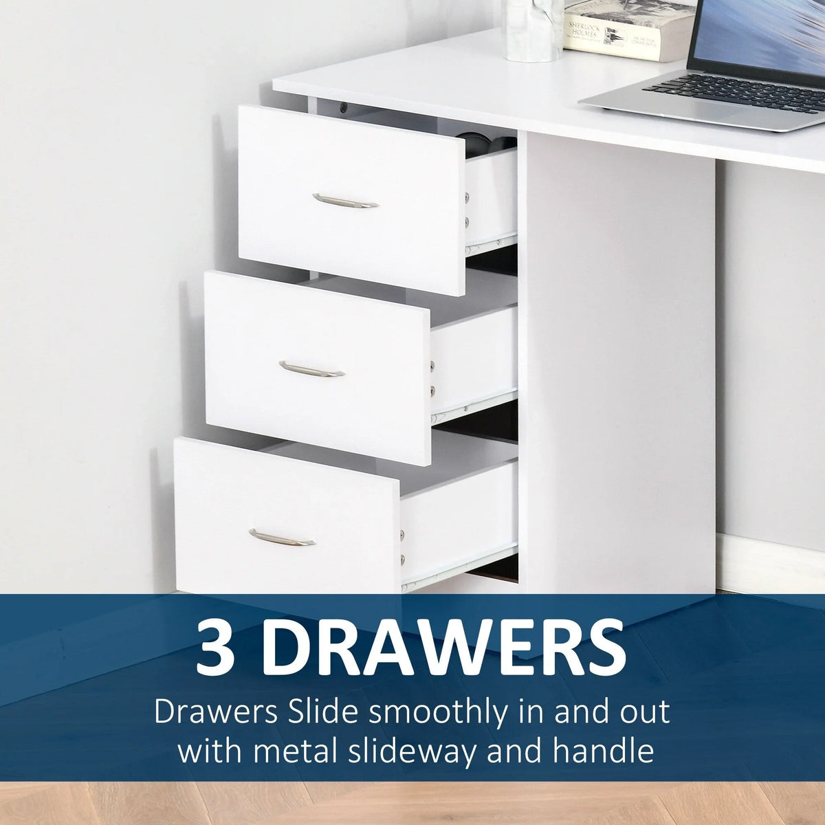 HOMCOM 47 Moderner Home-Office Computertisch Regal Kombination Schreibtisch Arbeitstisch mit 3 Schubladen und Ablagefach - Weiß